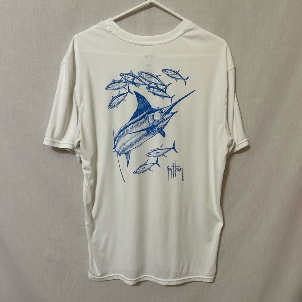 Guy Harvey White Tee with Blue Marlin Design